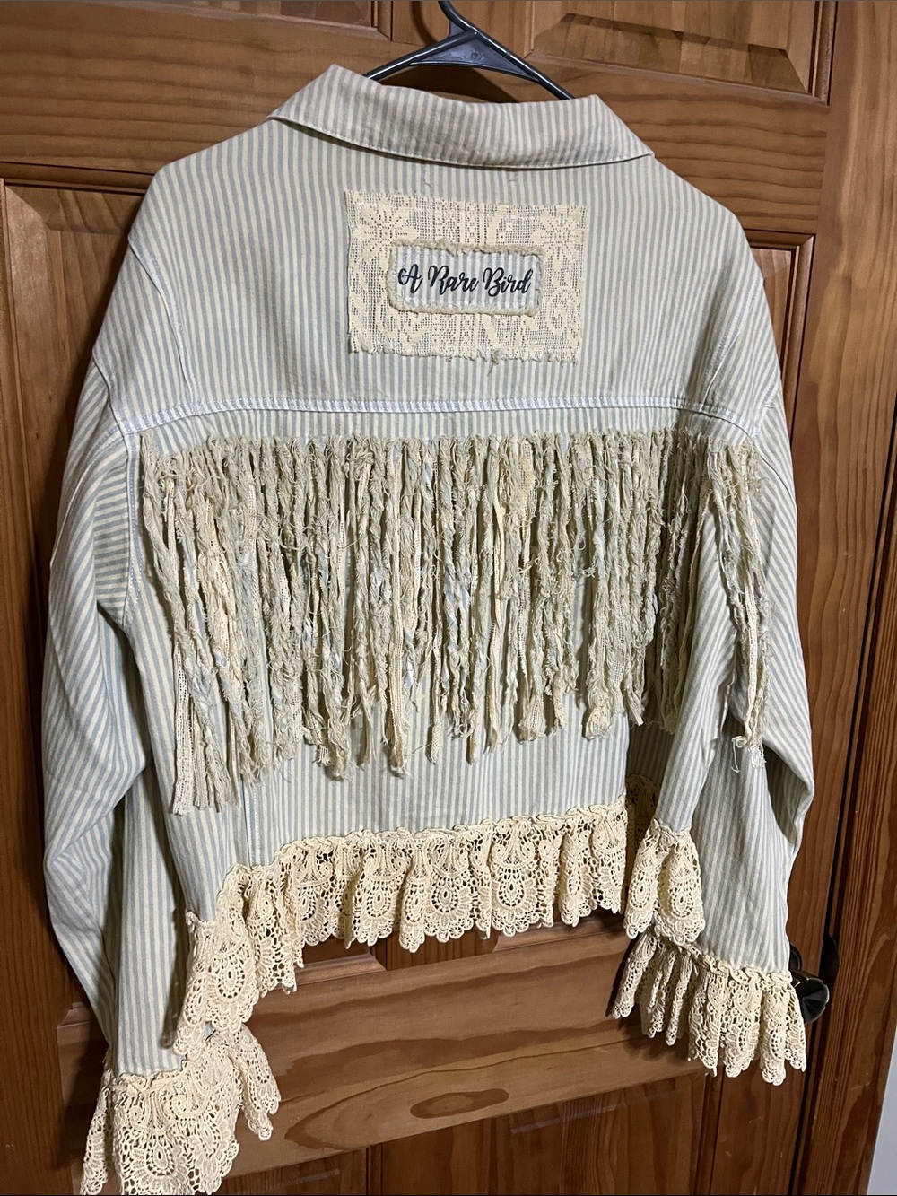 Rare Bird Striped Blue Jean Jacket with Lace Trim